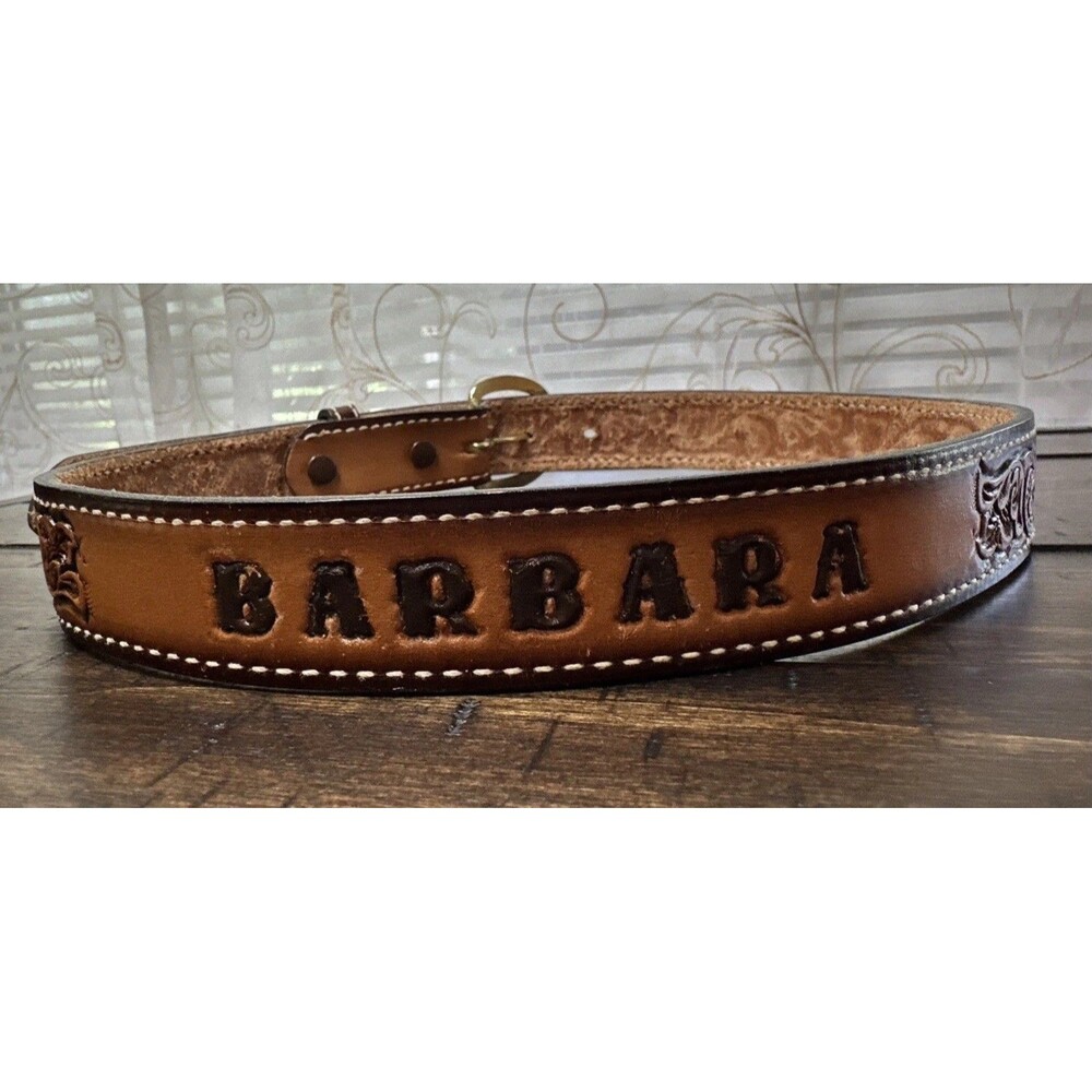 Vtg Wright Leather Hand Tool Western Name Belt Barbara Hippie Cowgirl Size 28